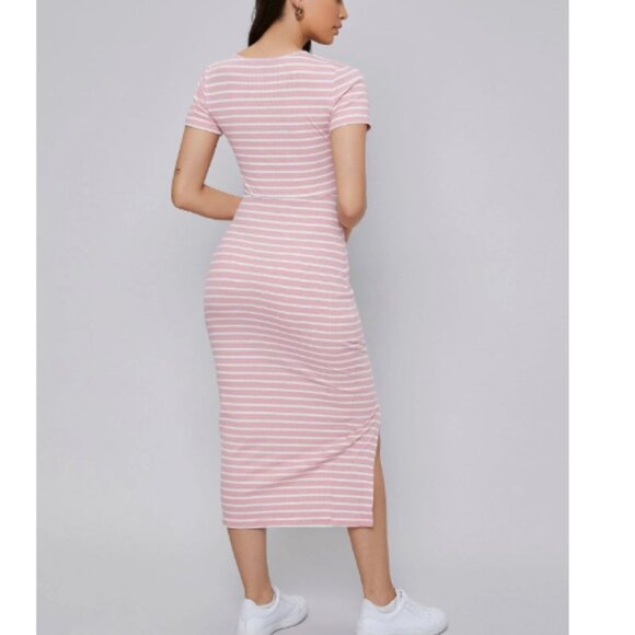 NWOT SHEIN Women's Mulvari Buttoned Front Split Hem Striped Dress Size Small - Picture 2 of 11